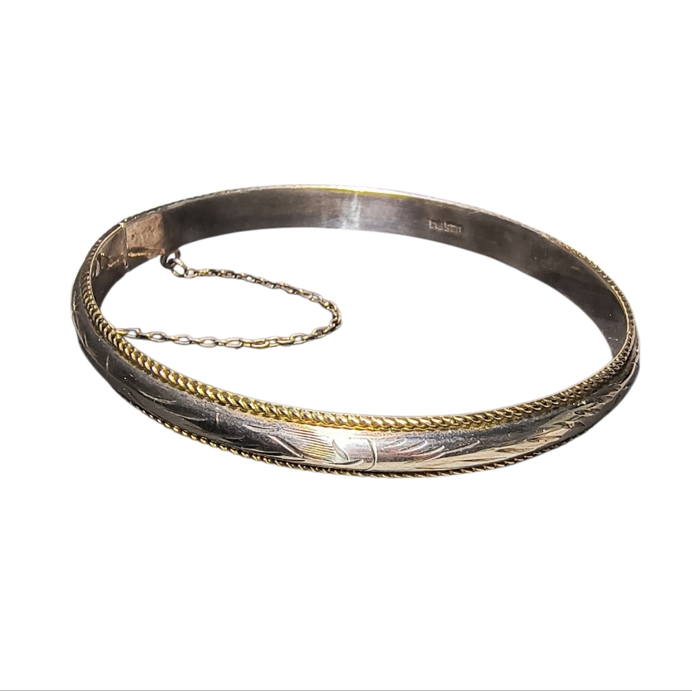 Vintage Sterling Silver Two-Tone Etched Bangle Bracelet With Hinge - Picture 2 of 11